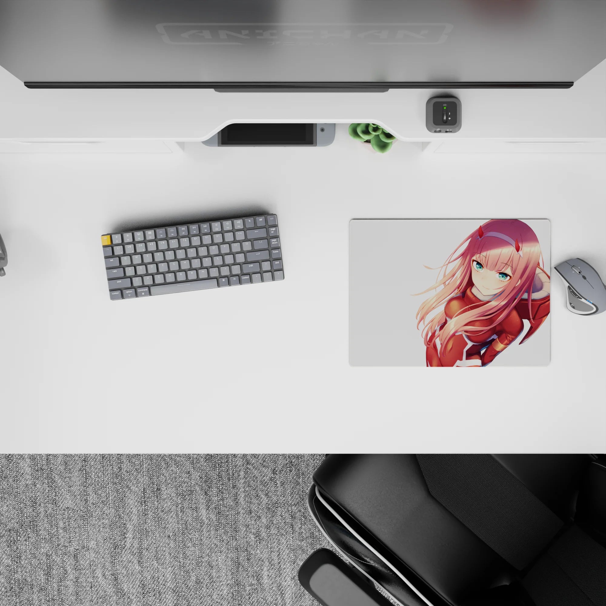 Zero Two anime mouse pad from Darling in the Franxx, 14x10 inches, featuring her iconic red suit and flowing pink hair.