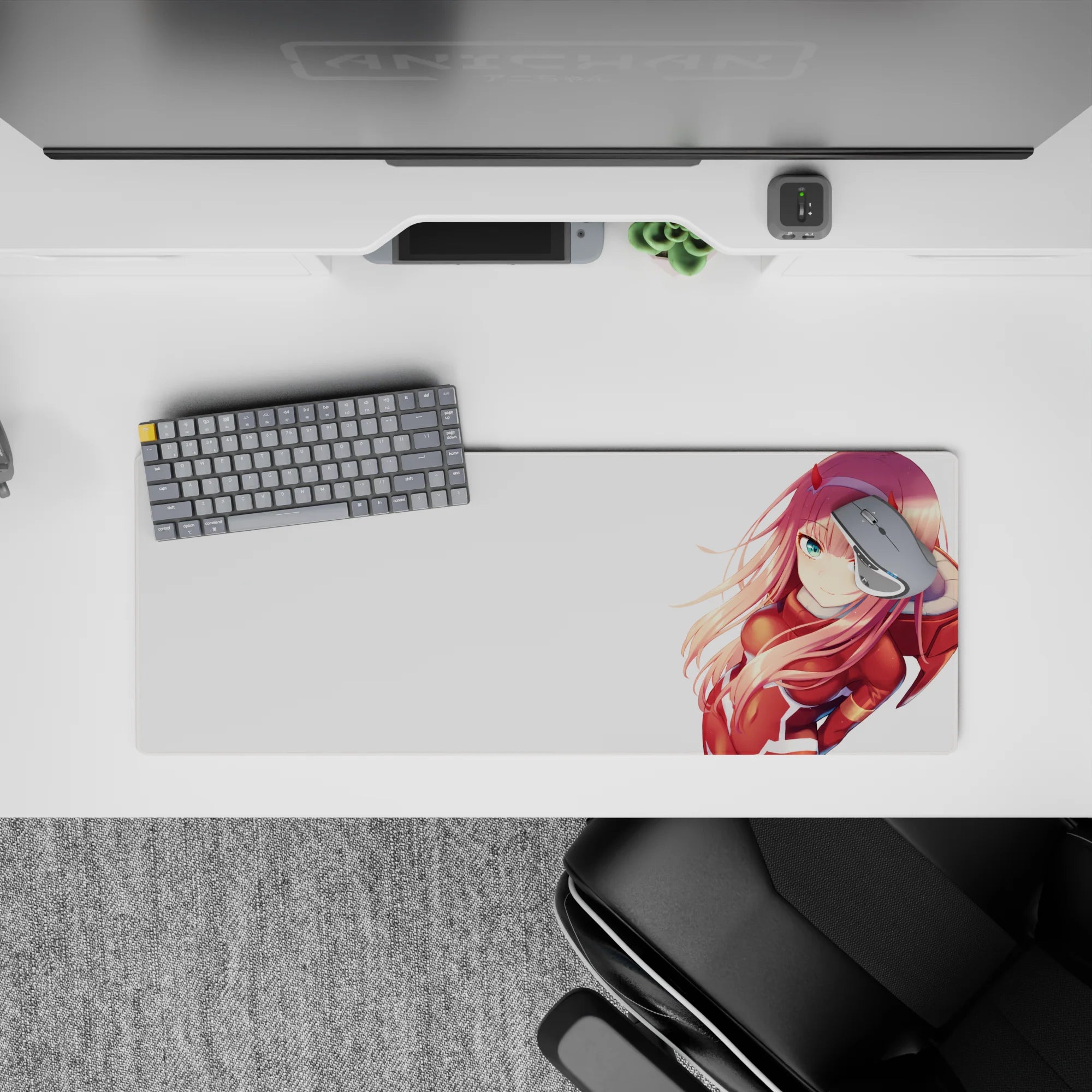 Zero Two anime mouse pad, 32x12 inches, featuring her iconic red suit and pink hair, perfect for Darling in the Franxx fans.