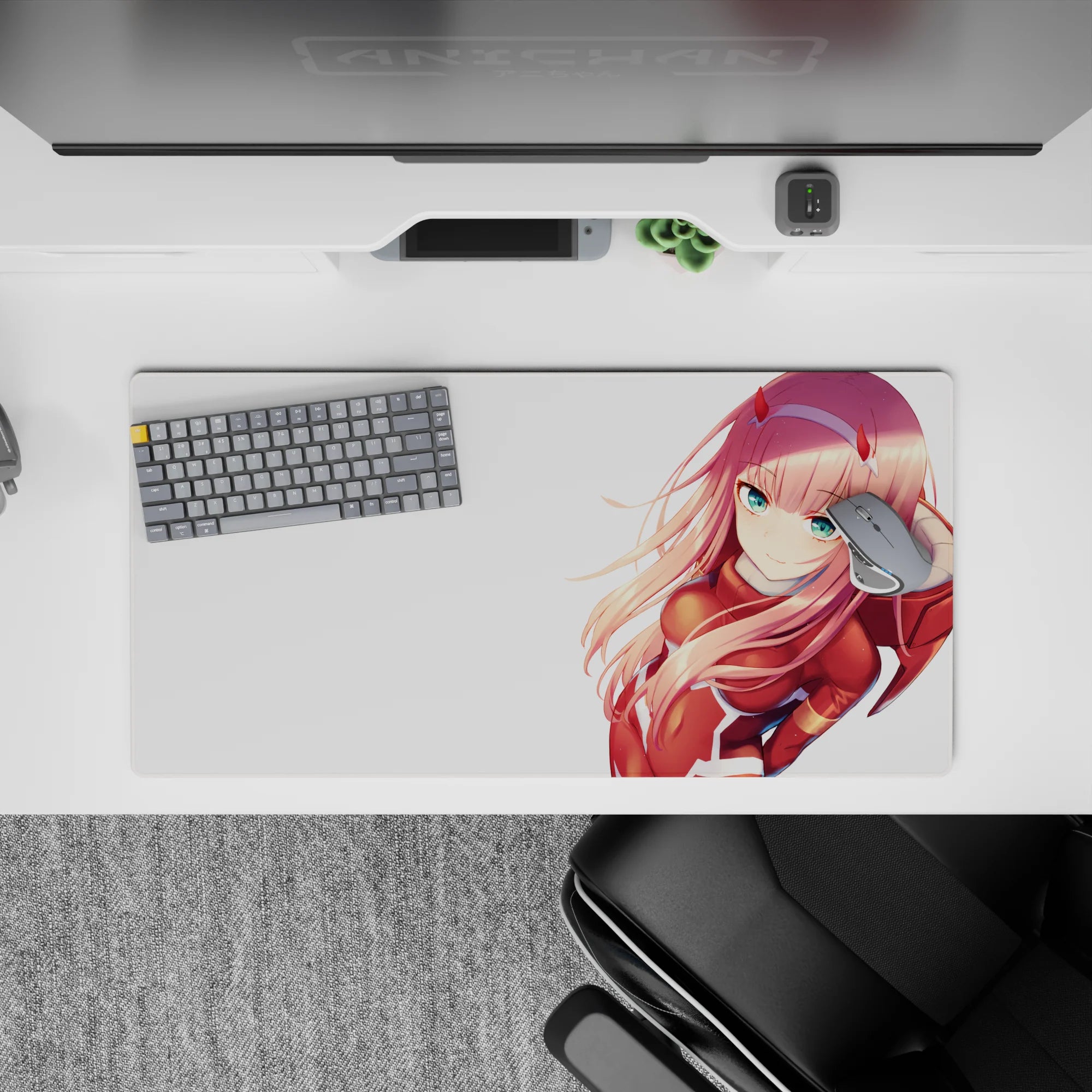 Anime mouse pad 32x16 inches featuring Zero Two from Darling in the Franxx, showcasing her red suit and pink hair.