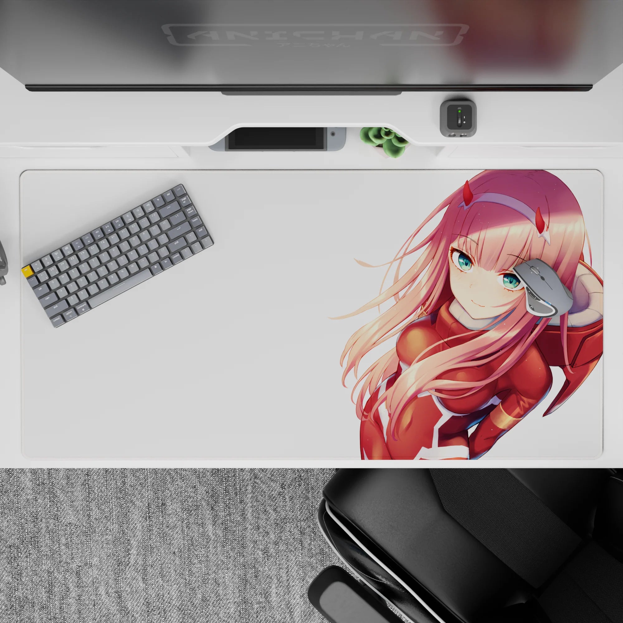 Zero Two anime desk pad 40x20 inches; features iconic red suit, pink hair, and aqua gaze from Darling in the Franxx.