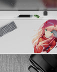 Zero Two anime desk pad 40x20 inches; features iconic red suit, pink hair, and aqua gaze from Darling in the Franxx.