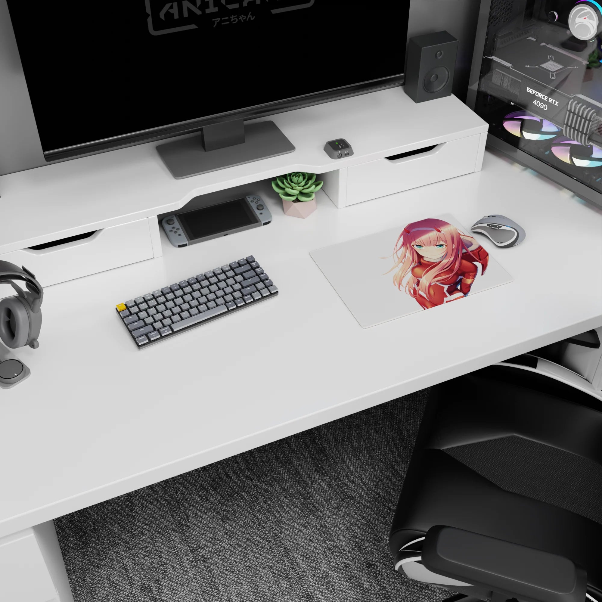 Zero Two anime mouse pad, 14x10 inches, featuring her iconic red suit and pink hair from Darling in the Franxx.