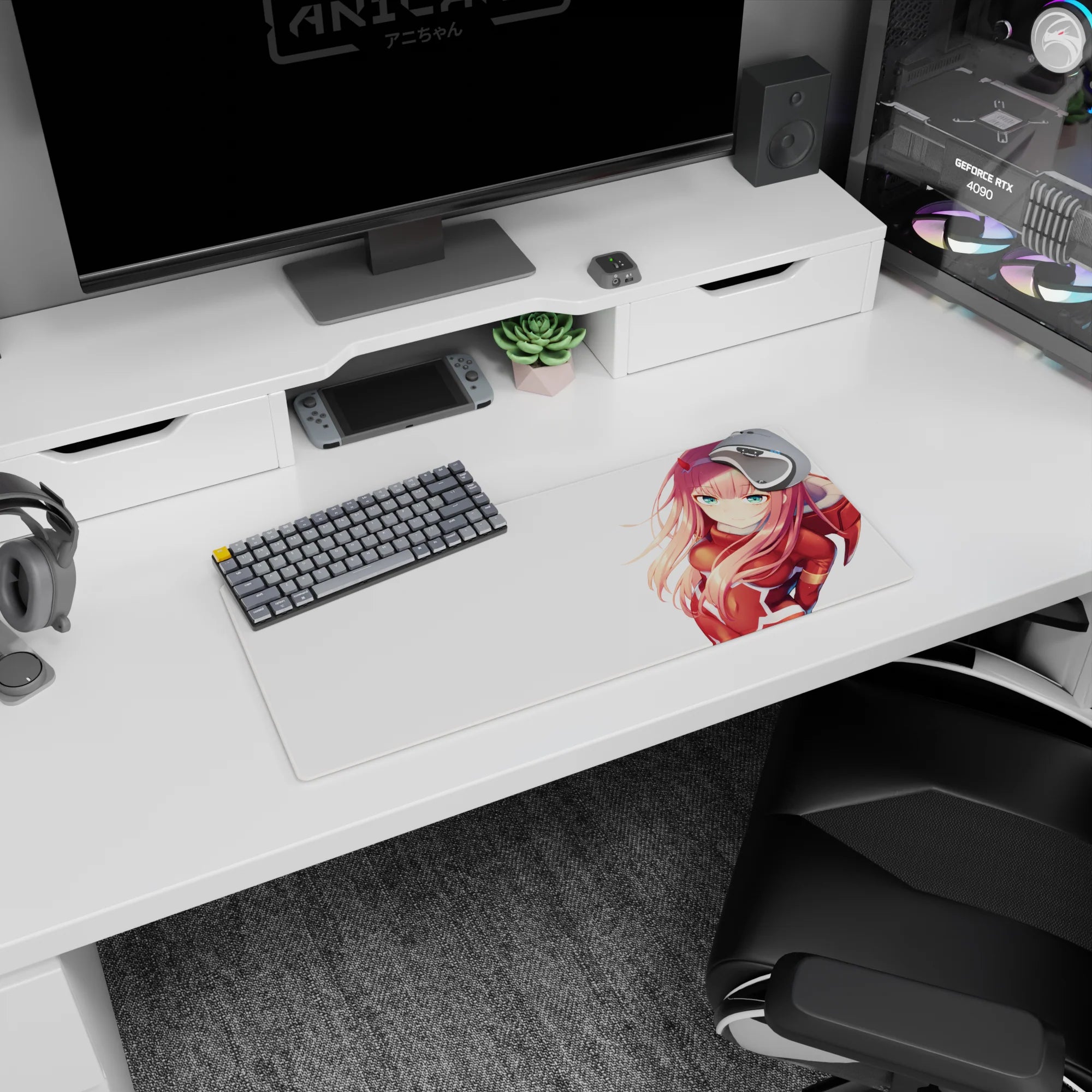 Zero Two anime mouse pad, 28x12 inches, features her in red suit with pink hair, perfect for Darling in the Franxx fans.