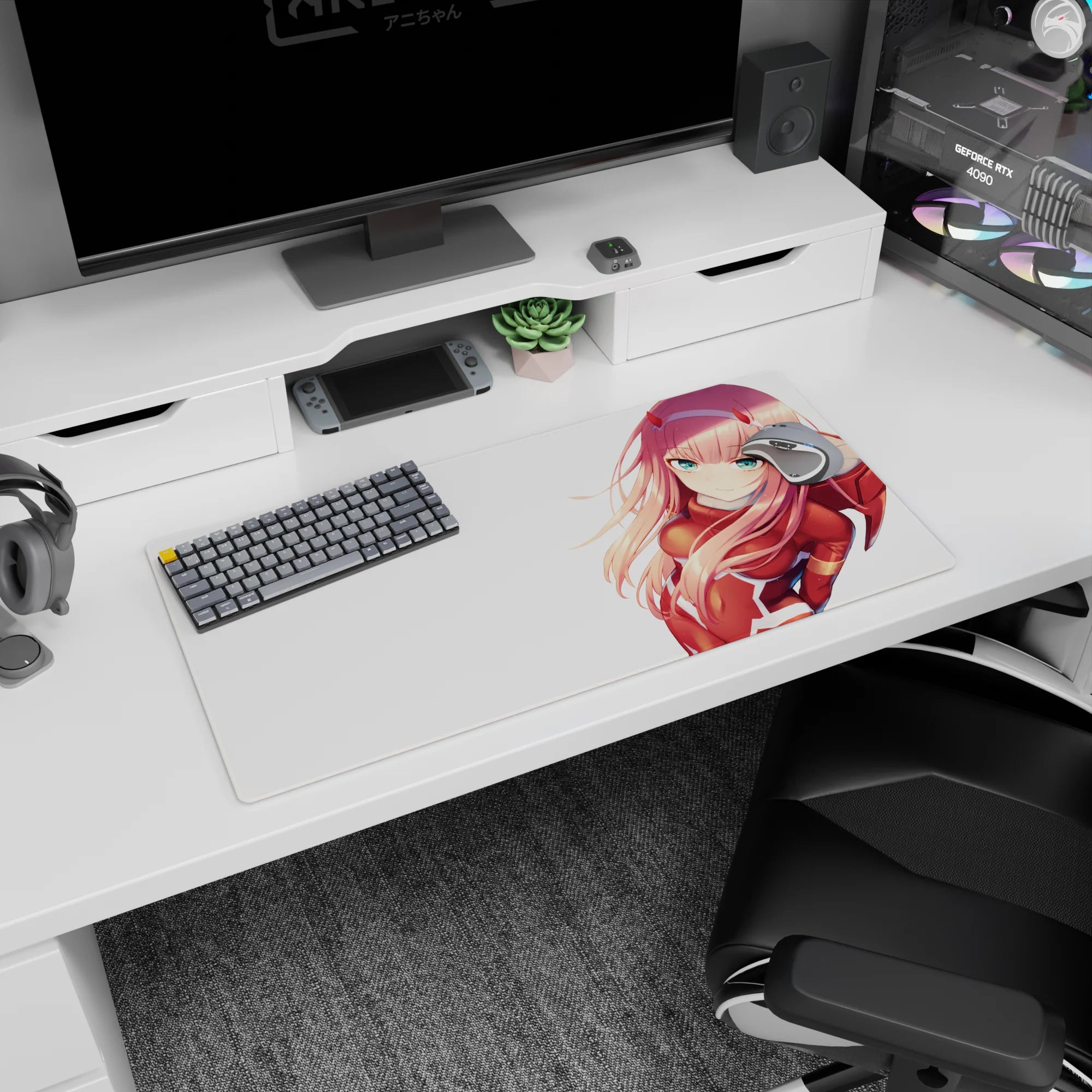 Anime mouse pad 32x16 inches featuring Zero Two from Darling in the Franxx, showcasing her iconic red suit and pink hair.
