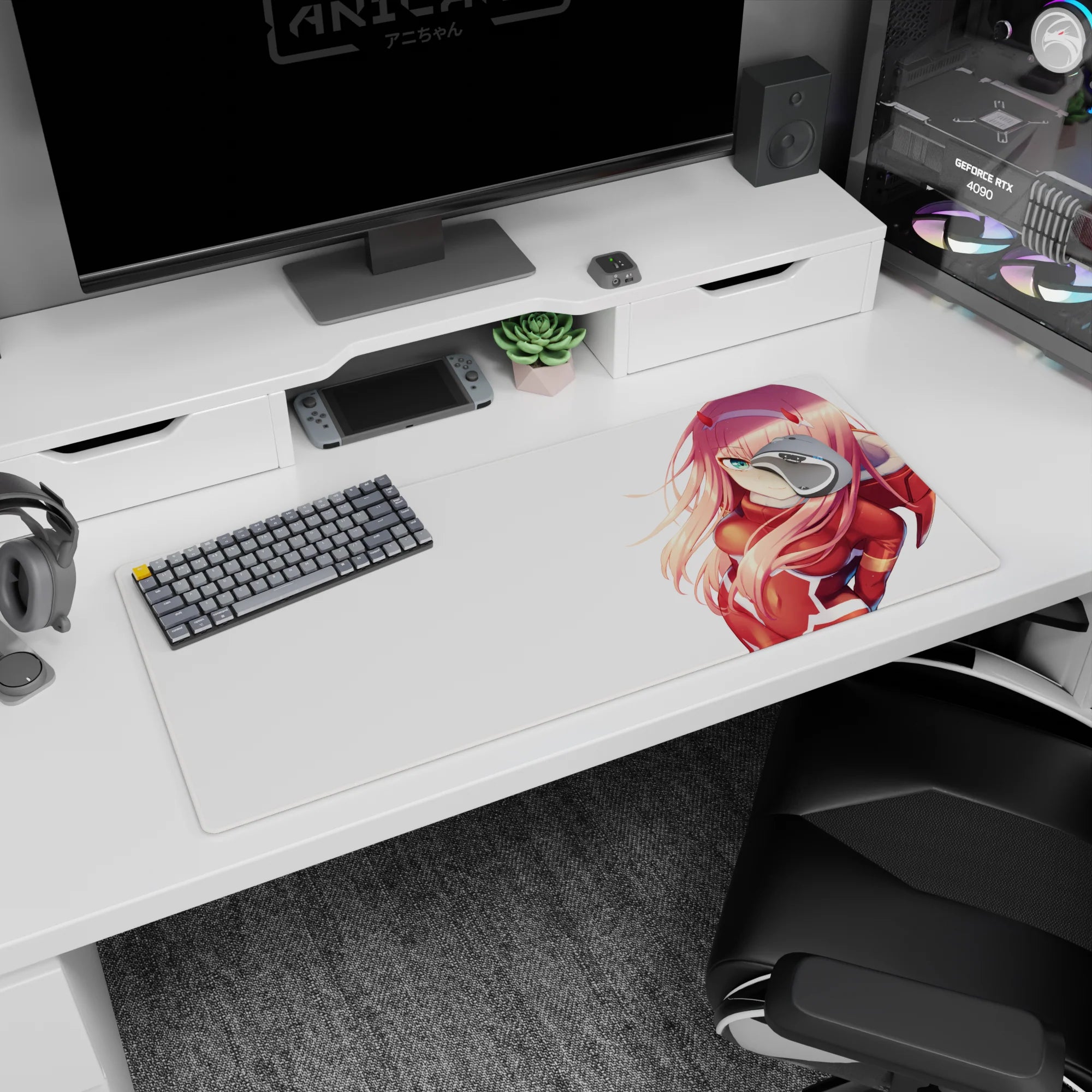 Anime mouse pad featuring Zero Two from Darling in the Franxx, 36x16 inches, with pink hair and red suit on a white backdrop.