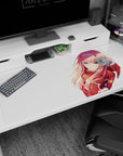 Anime desk pad featuring Zero Two from Darling in the Franxx, 40x20 inches, showcasing her in a red suit with a confident smirk.