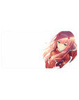 Anime mouse pad featuring Zero Two from Darling in the Franxx, 32x16 inches, with red suit and pink hair on white backdrop.