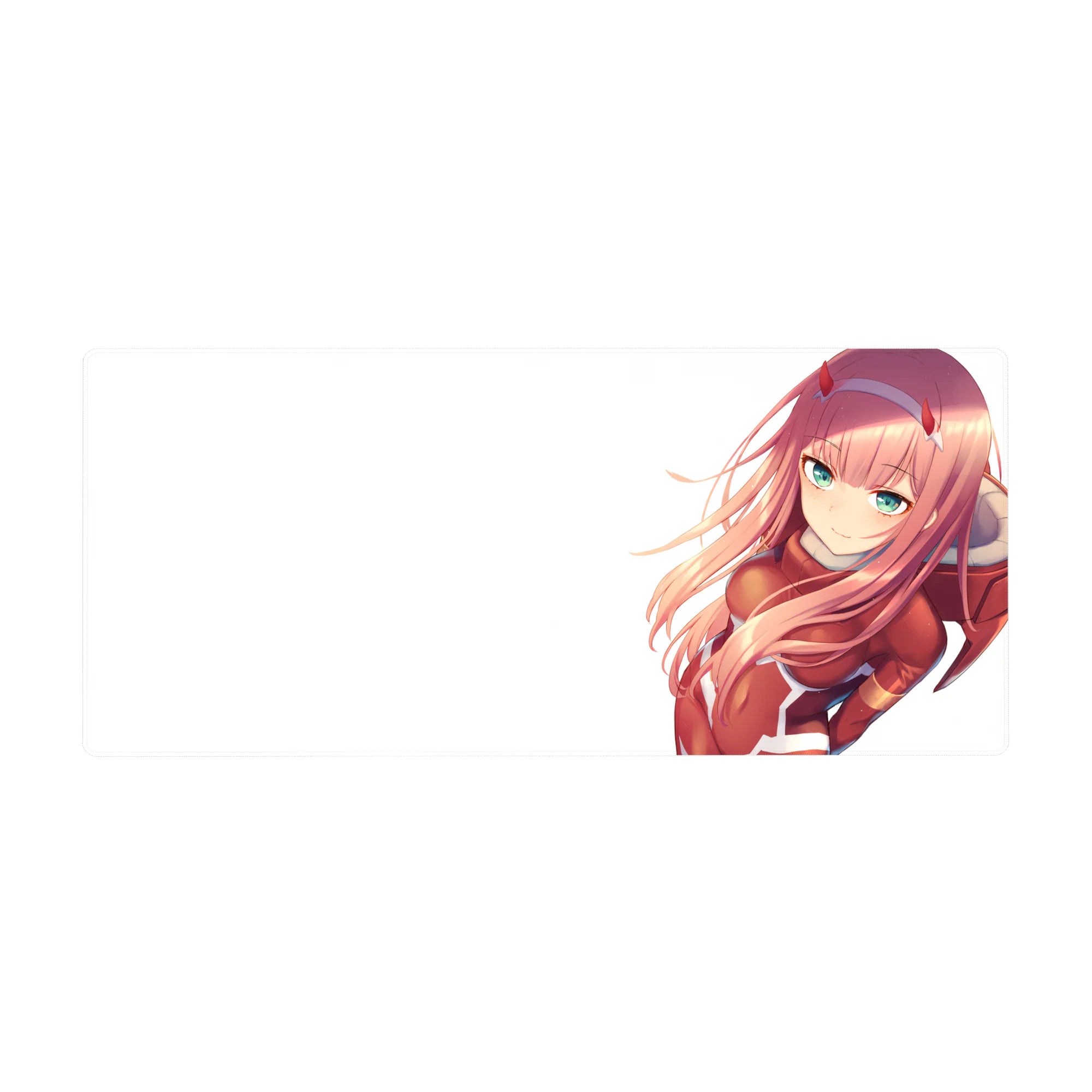 Zero Two from Darling in the Franxx anime desk pad, 36x16 inches, featuring her red suit and pink hair against a white backdrop.