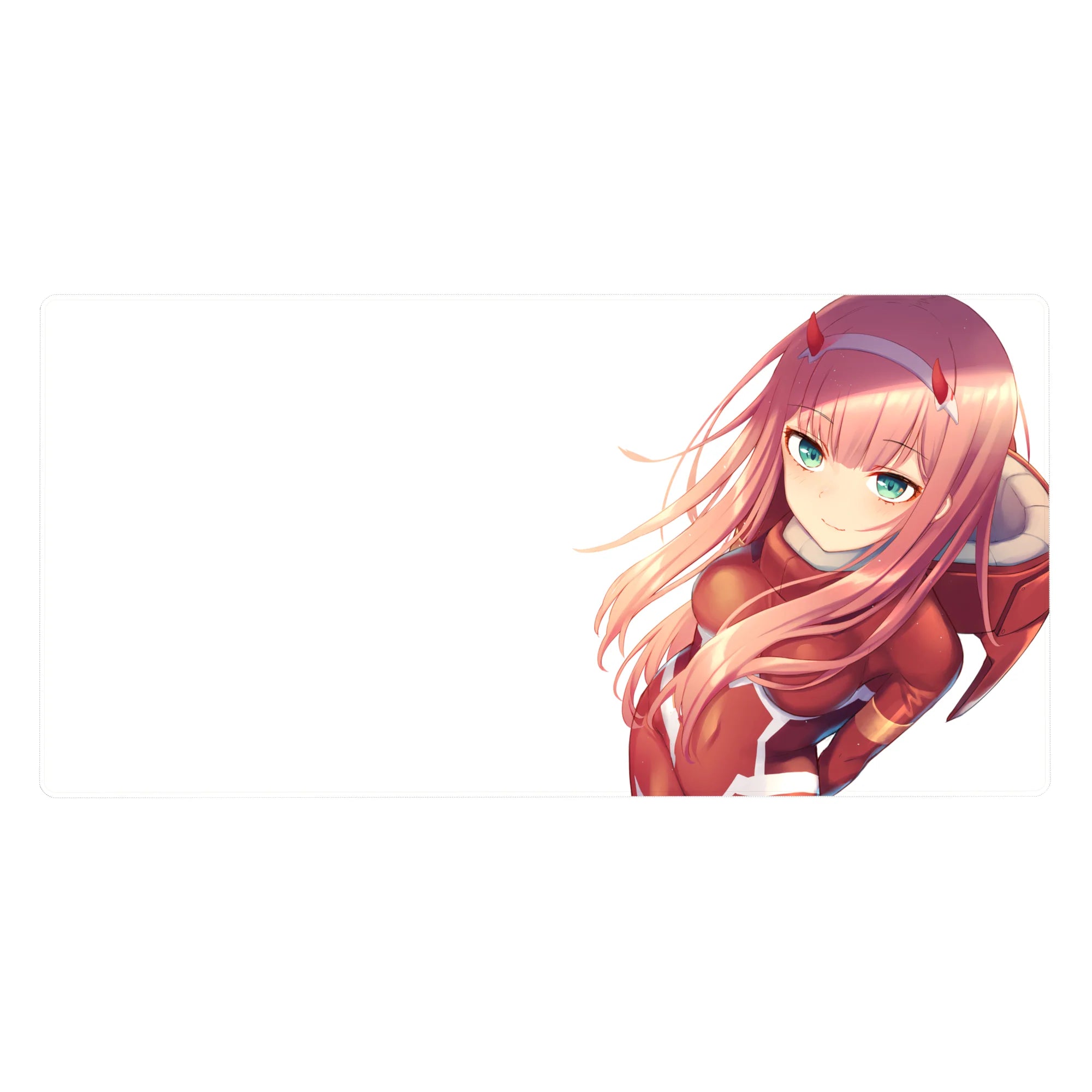 Zero Two anime desk pad, 40x20 inches, featuring her iconic red suit and pink hair, perfect for fans of Darling in the Franxx.