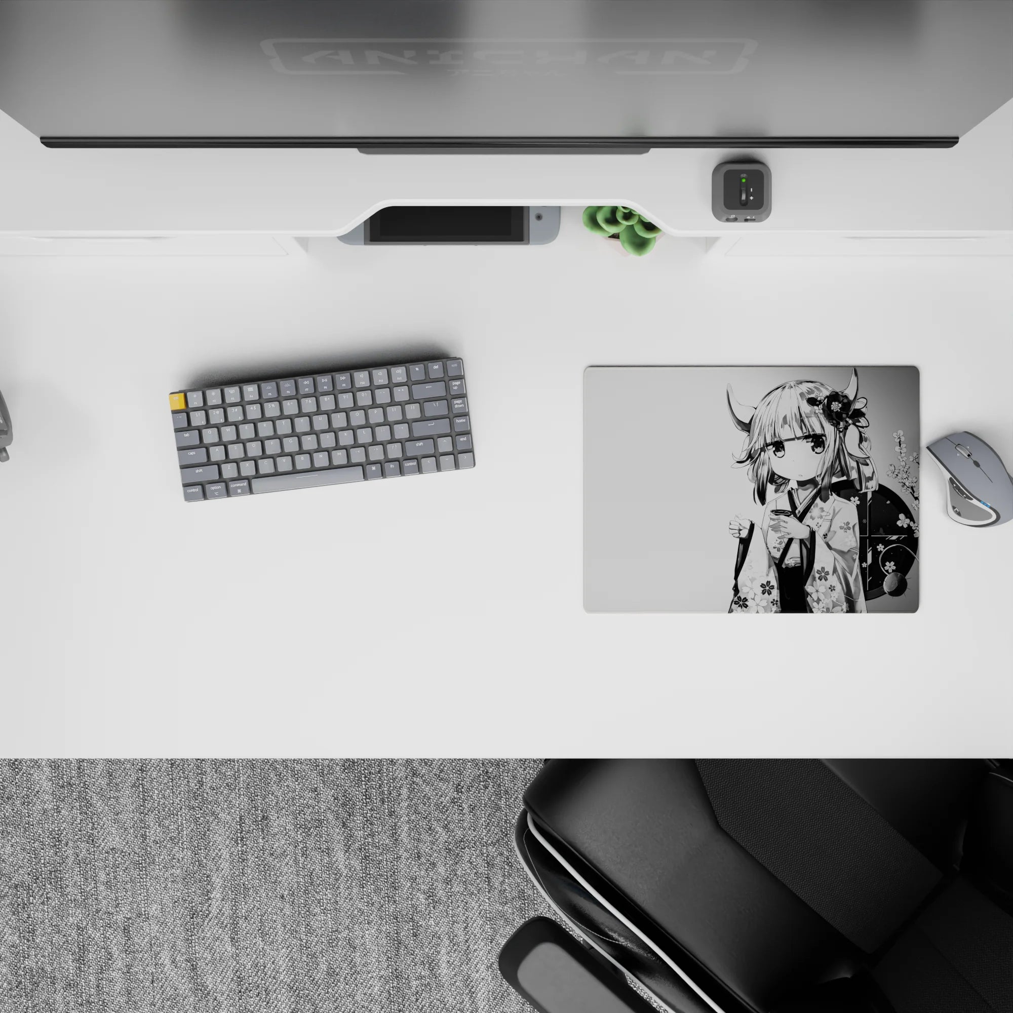 Black, white, and soft gray 14x10 inches anime mouse pad with calm tea-time vibe and floral accents.