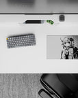 Black, white, and soft gray 14x10 inches anime mouse pad with calm tea-time vibe and floral accents.