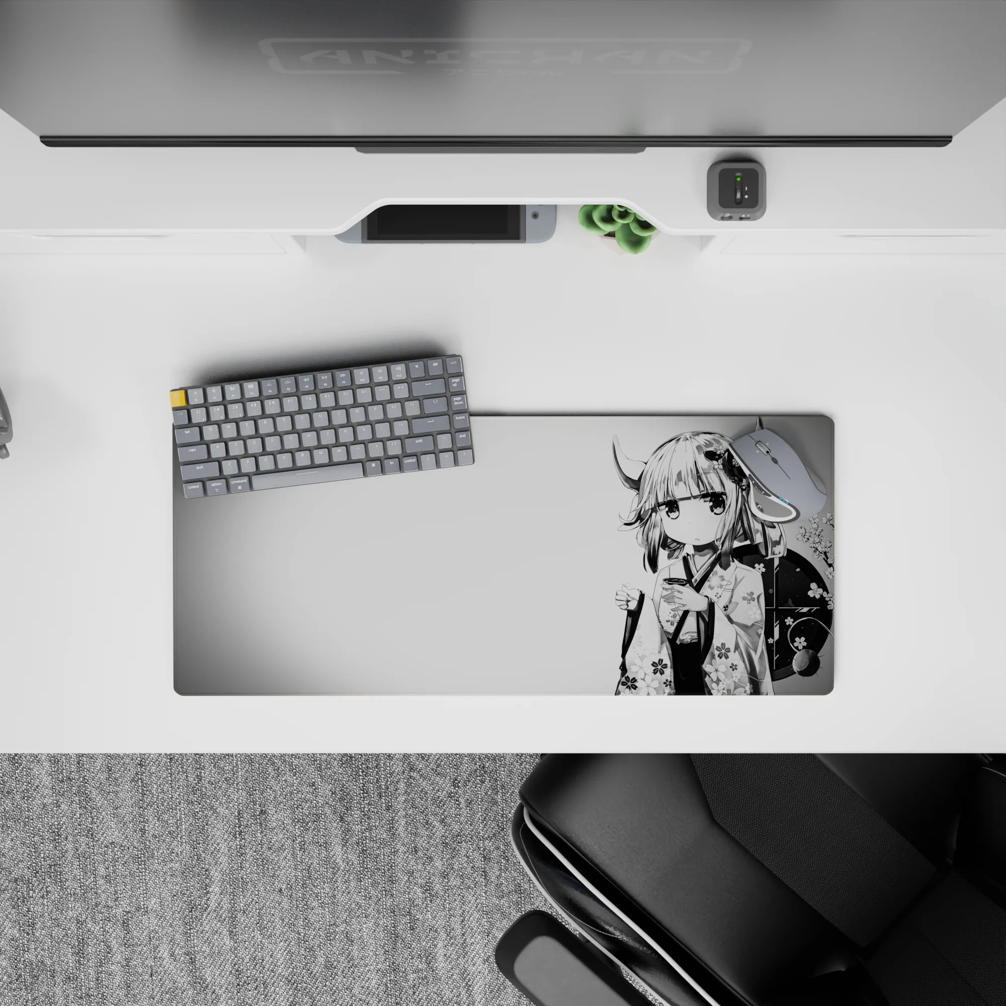 Black white and soft gray anime girl mouse pad 28x12 inches, calm tea vibe with subtle floral pattern.