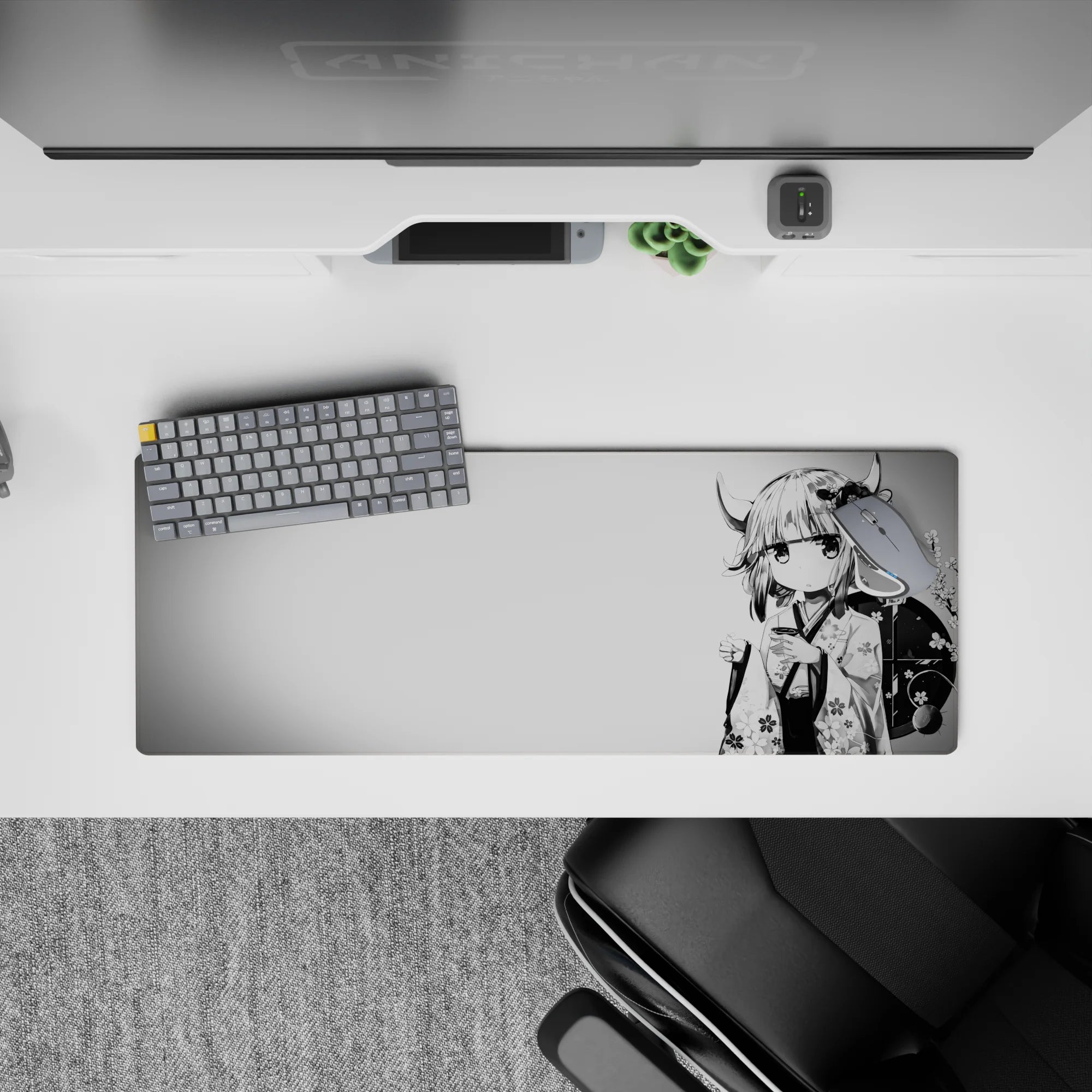 Black white and soft gray anime girl mouse pad 32x12 inches, cozy late-night calm with floral sakura accents.