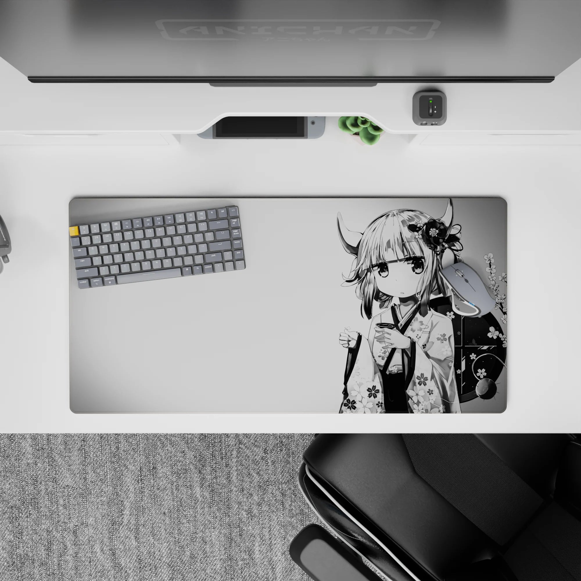 32x16 inches anime mouse pad in black, white, and soft grays, calm late-night tea vibe with floral detail.