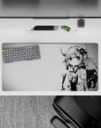 32x16 inches anime mouse pad in black, white, and soft grays, calm late-night tea vibe with floral detail.