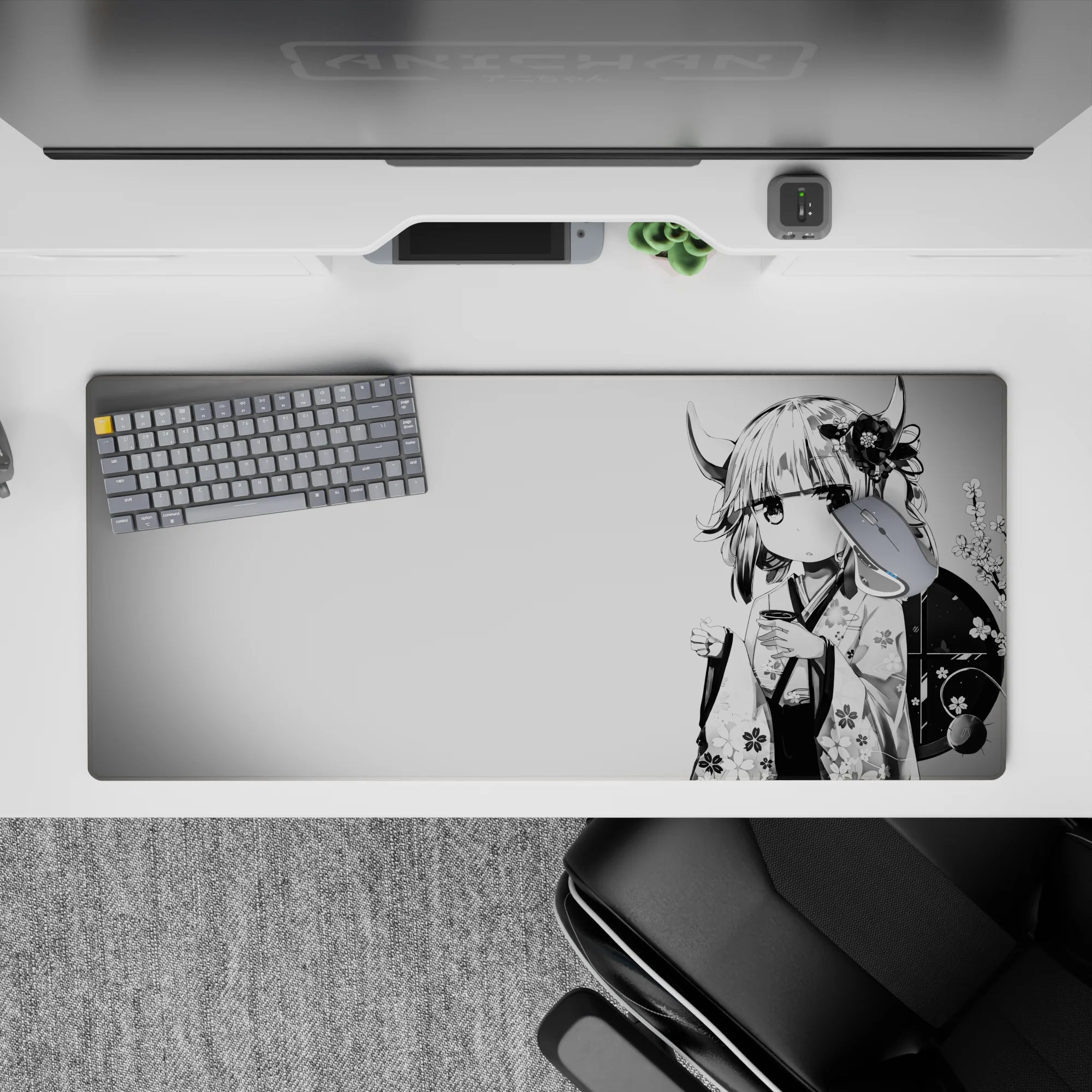 Black white gray anime desk pad 36x16 inches, calm late-night ramen shop vibe with soft sakura details.