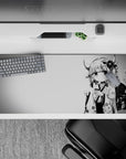 Black white gray anime desk pad 36x16 inches, calm late-night ramen shop vibe with soft sakura details.