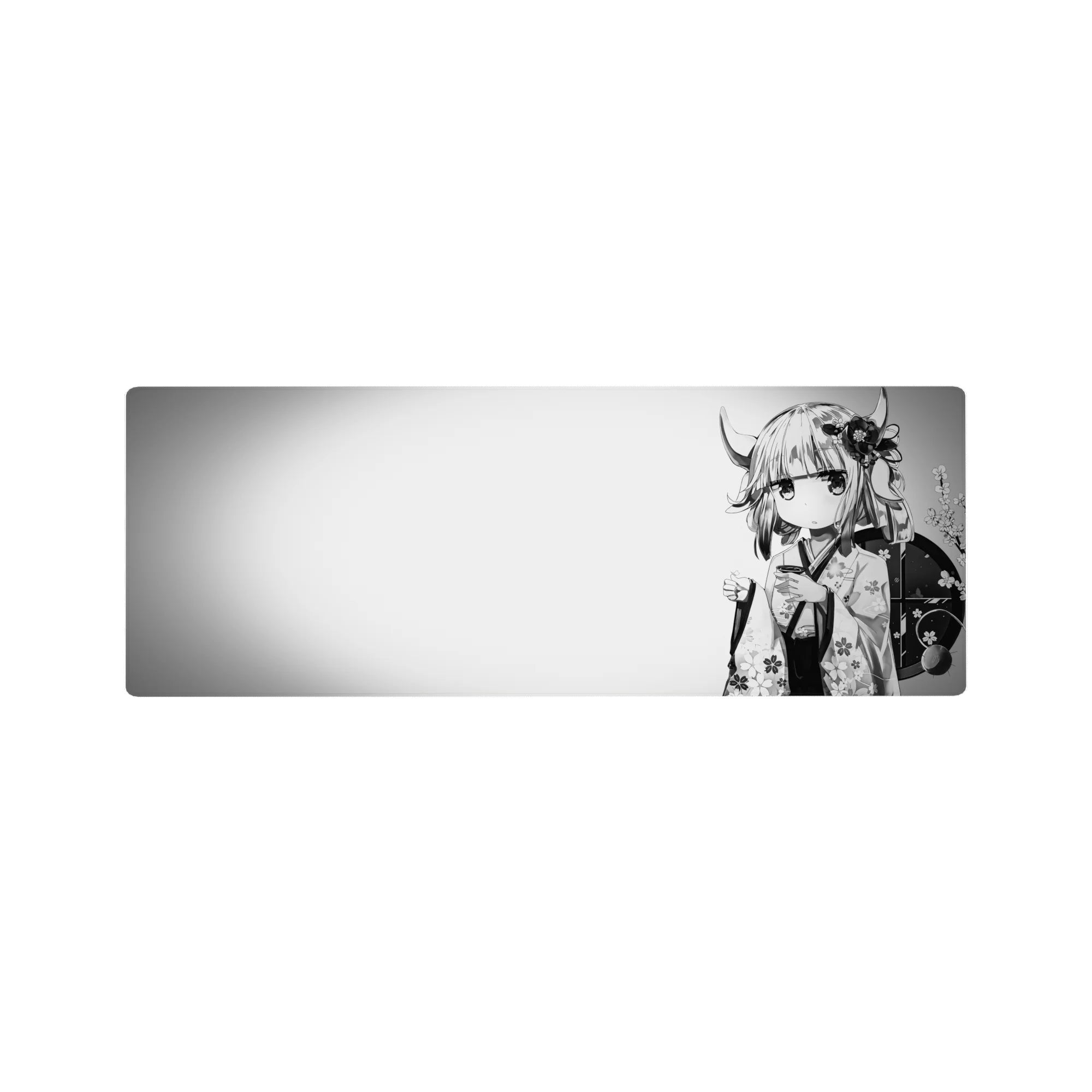 Anime girl mouse pad 32x12 inches with horned kimono tea girl, sakura blooms, and bold round backdrop.