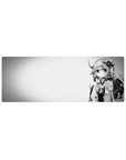 Anime girl mouse pad 32x12 inches with horned kimono tea girl, sakura blooms, and bold round backdrop.