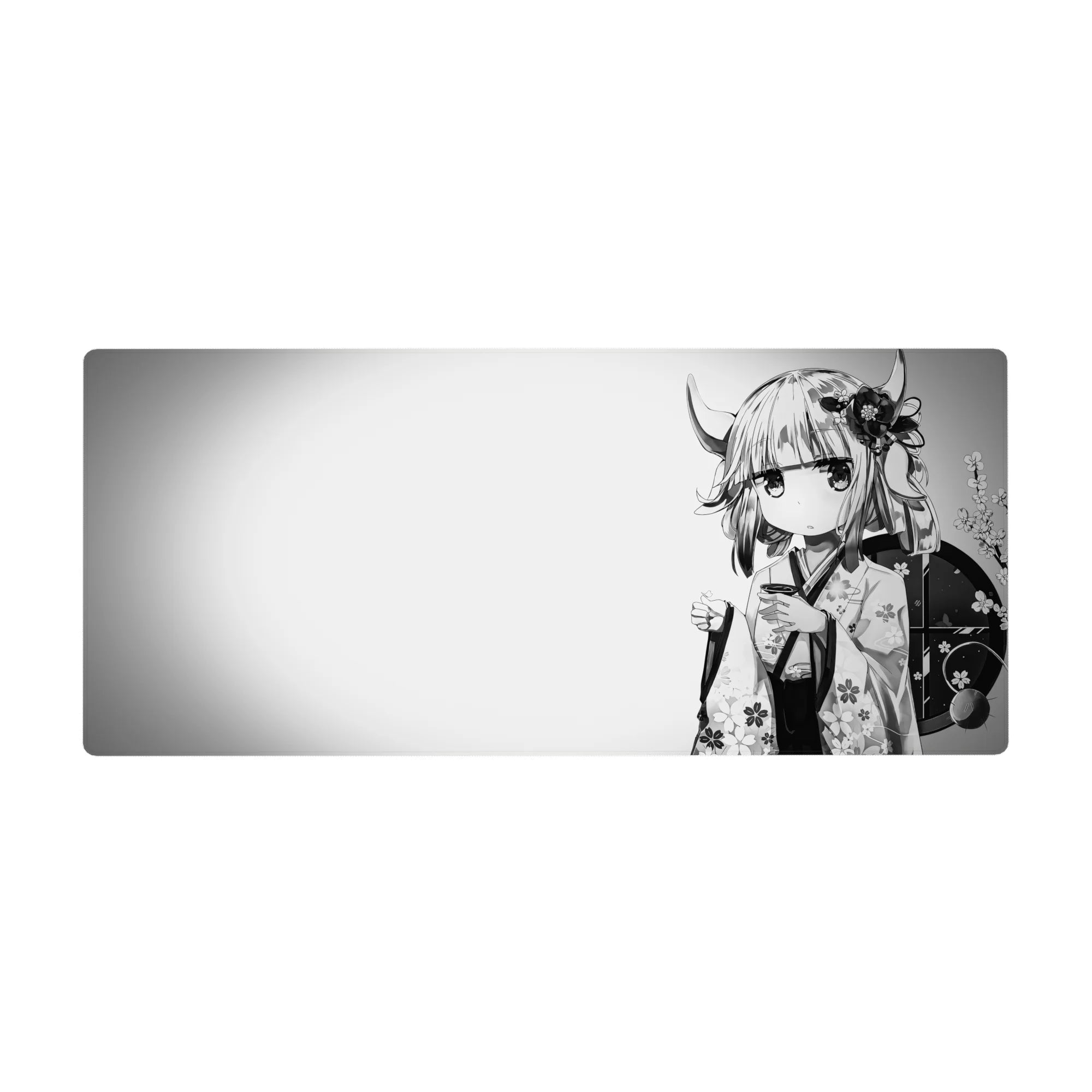 Anime girl desk pad 36x16 inches with horned kimono tea art, sakura blooms, and bold round backdrop.