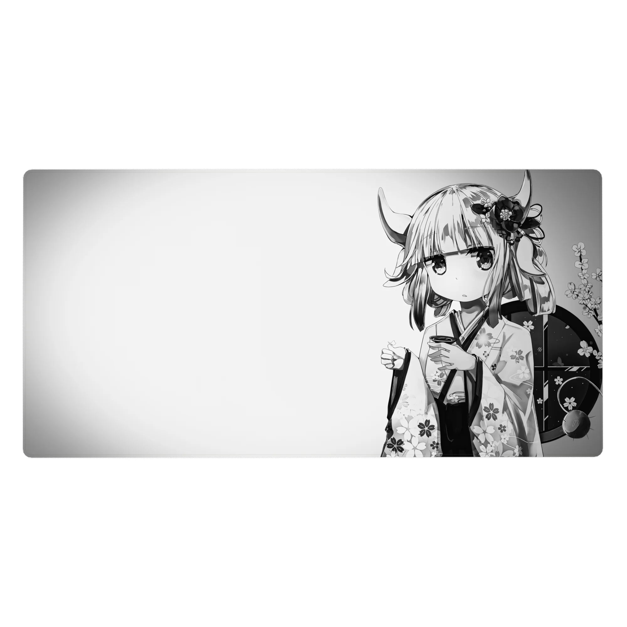 Anime girl desk pad 40x20 inches with horned kimono cutie, sakura blooms, and bold round backdrop.