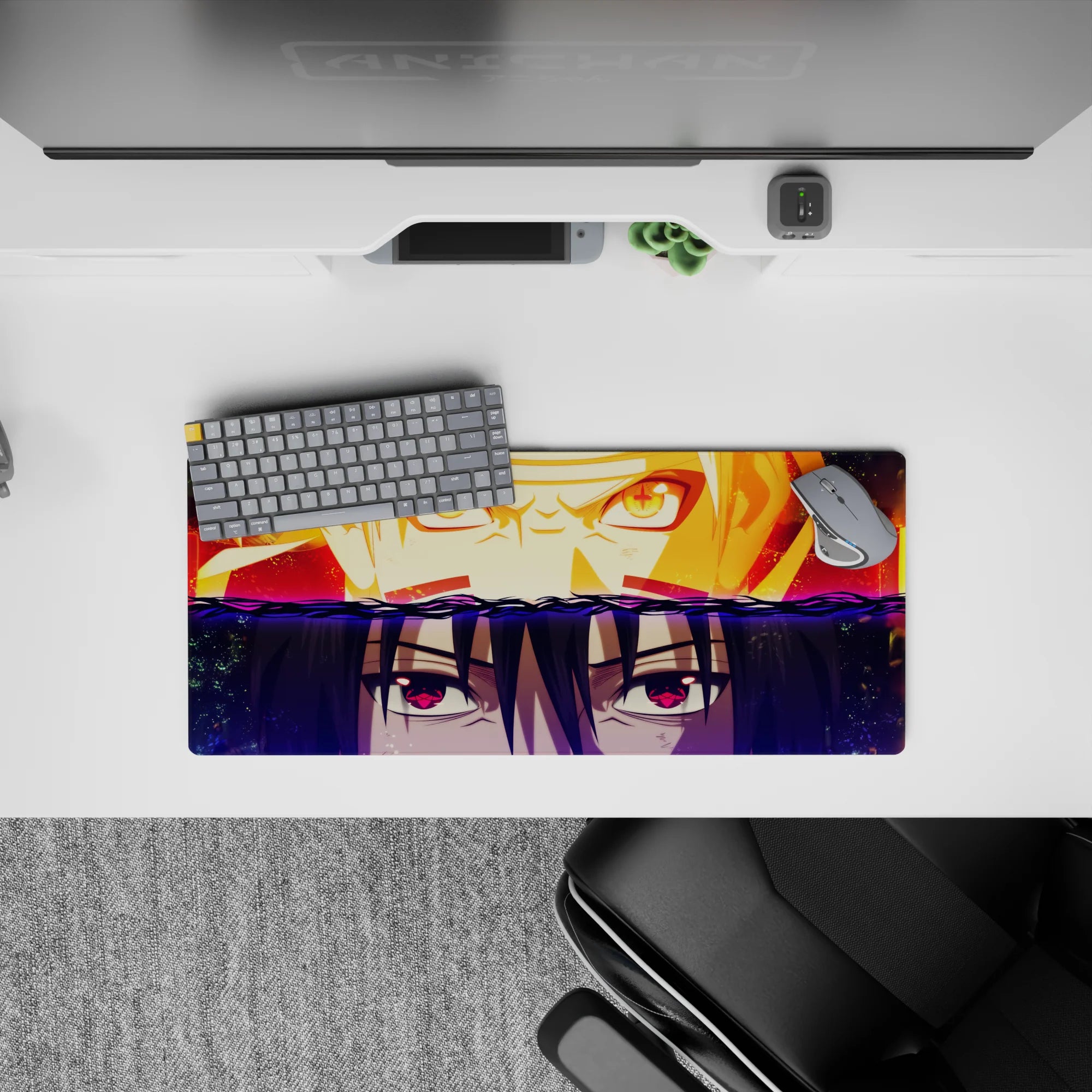 28x12 inches anime mouse pad in blazing orange and ember reds over deep violet midnight tones, bold and intense.
