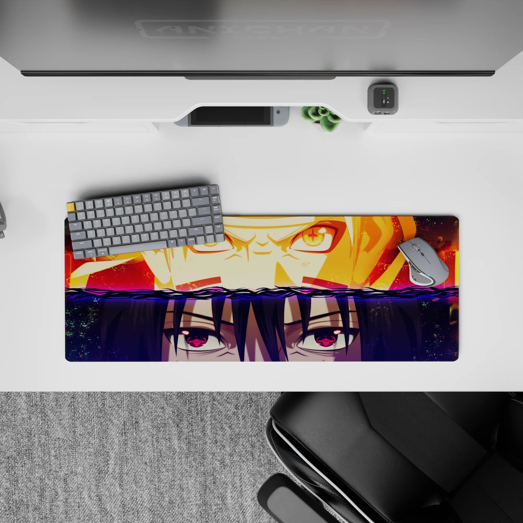 32x12 inches anime mouse pad in blazing orange and ember red fading into deep violet midnight tones.