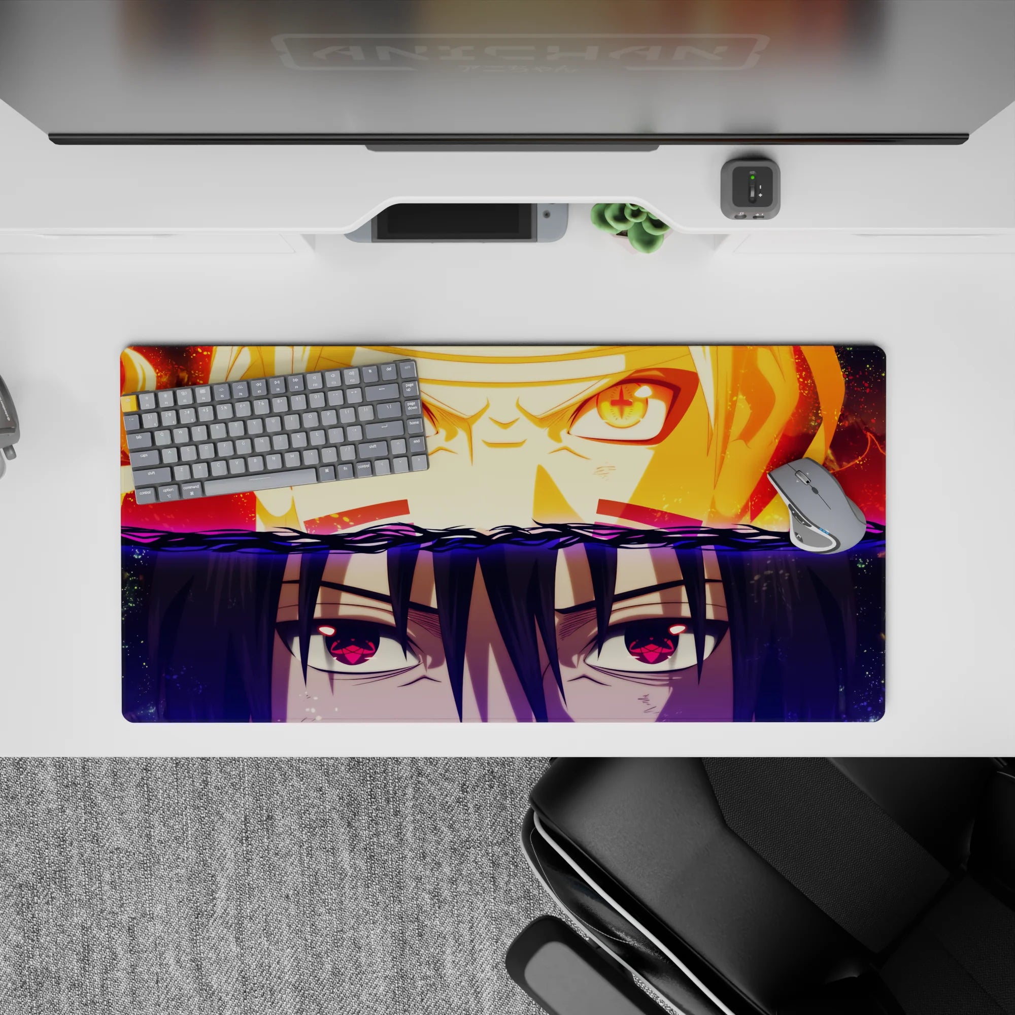 32x16 inches anime mouse pad in blazing orange reds and deep violet midnight tones, intense stare-down vibe.