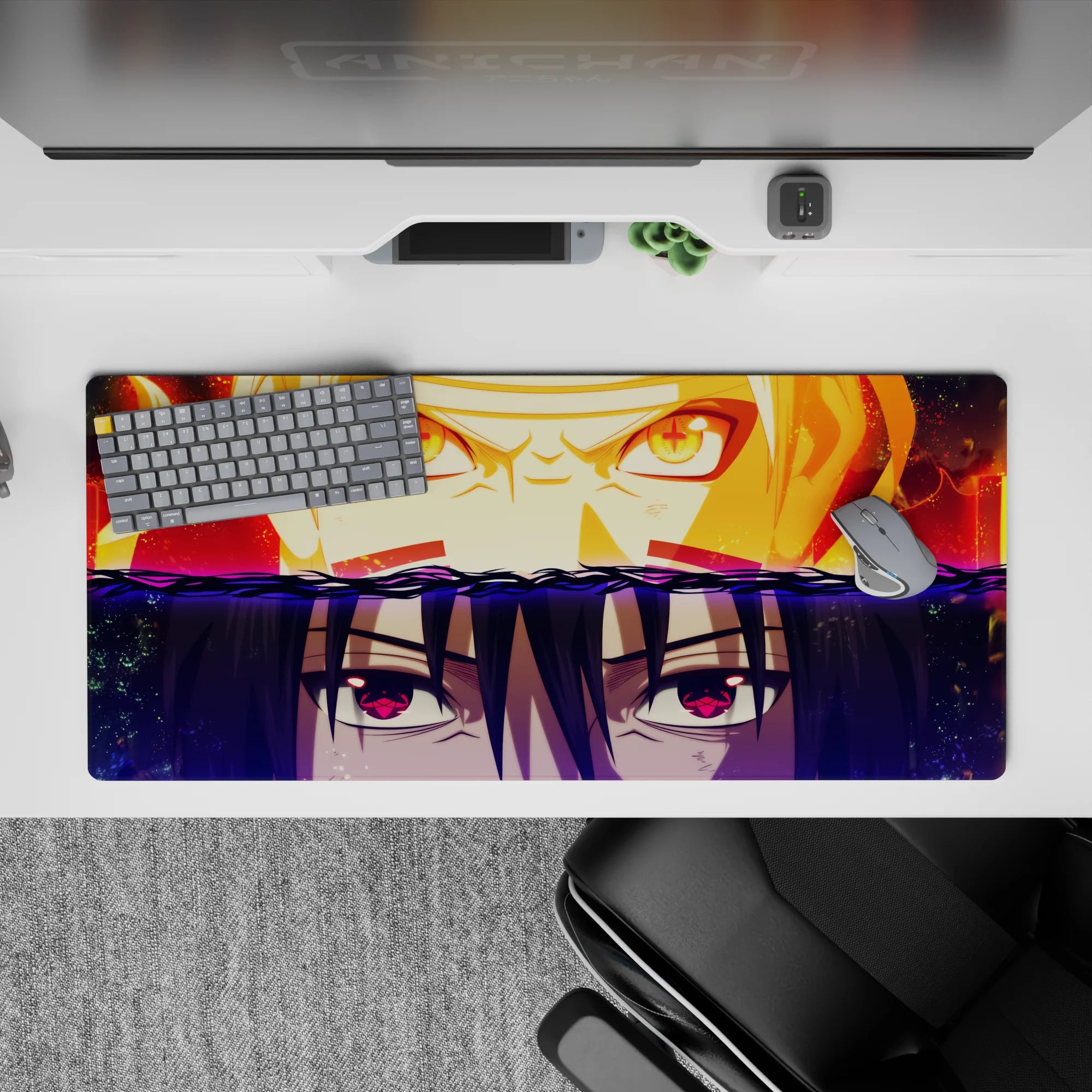 36x16 inches anime mouse pad in blazing orange reds and deep violet midnight tones, intense showdown vibe.