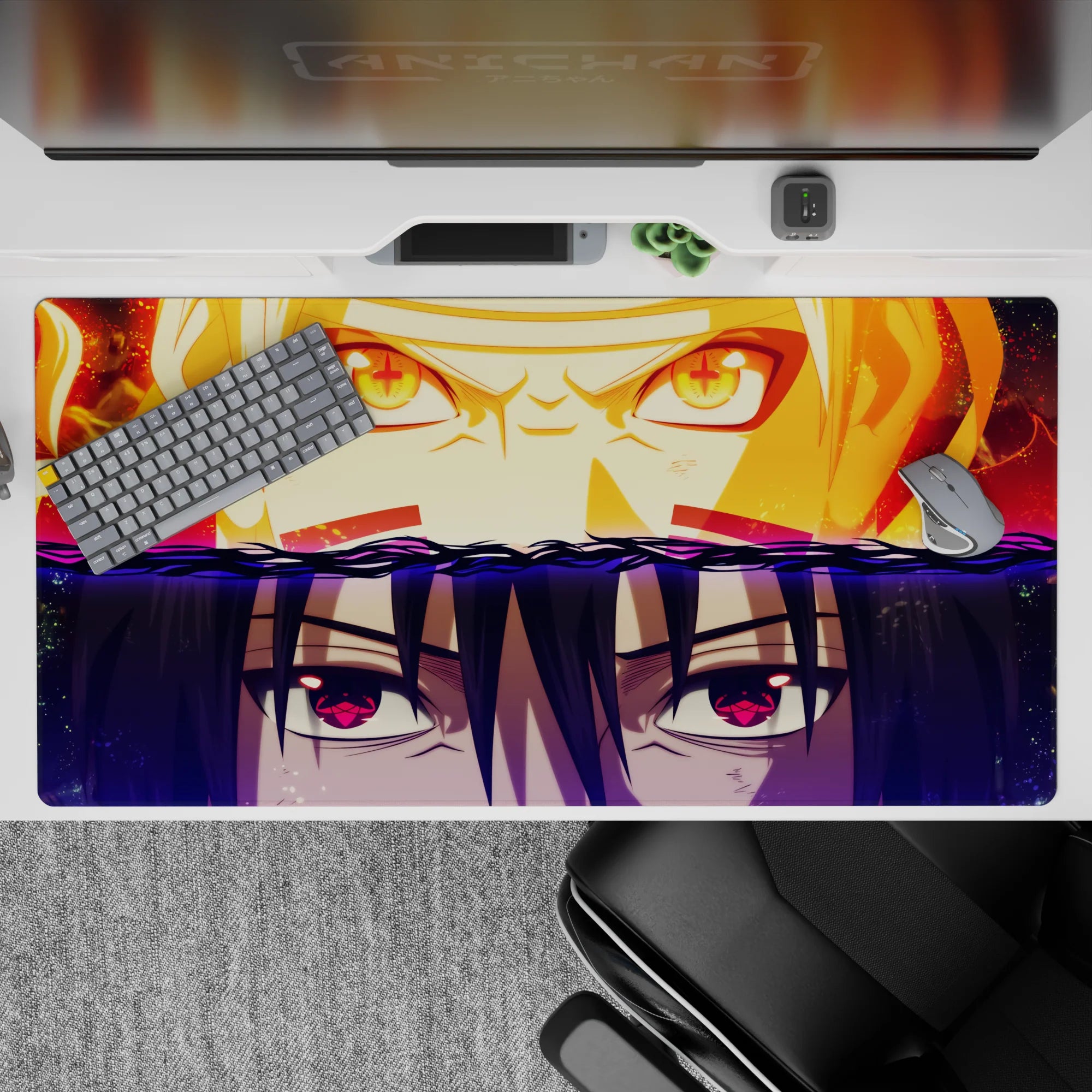 40x20 inches anime desk mat in hot orange reds and deep violet, intense stare-down mood with chakra glow.