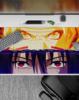 40x20 inches anime desk mat in hot orange reds and deep violet, intense stare-down mood with chakra glow.