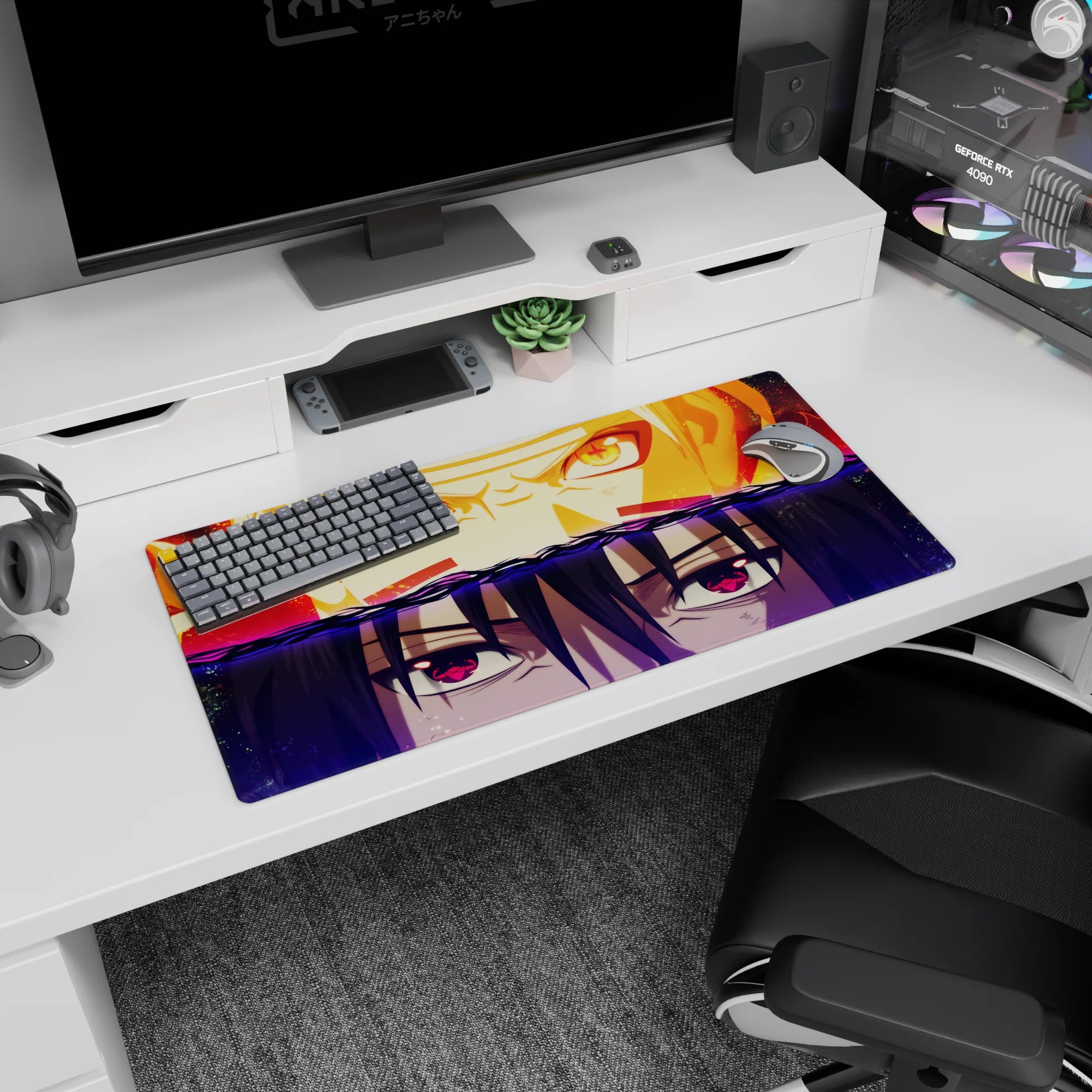 32x16 inches Naruto Shippuden mouse pad showing Naruto Uzumaki vs Sasuke Uchiha eye-to-eye showdown.