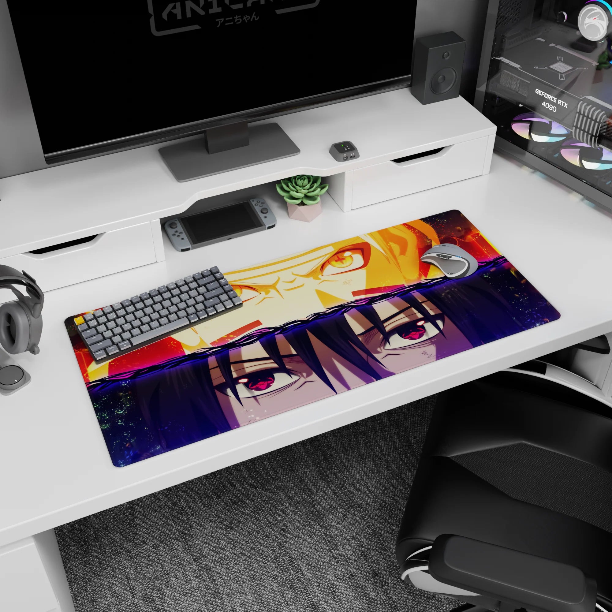 36x16 inches Naruto Shippuden desk pad featuring Naruto Uzumaki vs Sasuke Uchiha, chakra vs Sharingan.