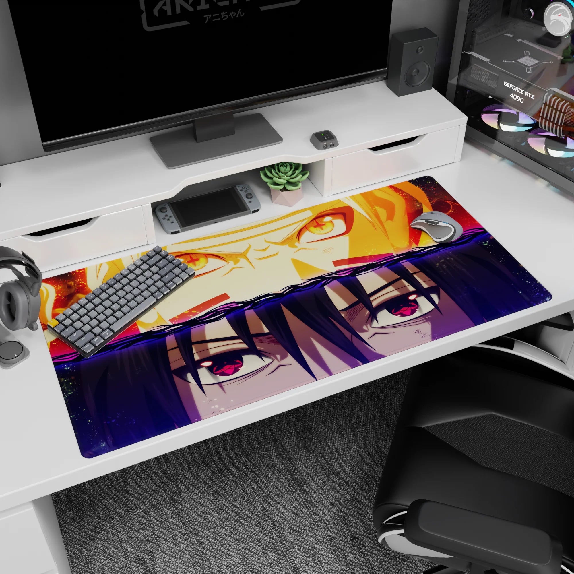 40x20 inches Naruto vs Sasuke desk pad, Shippuden-inspired face-off with Sharingan and chakra eyes.