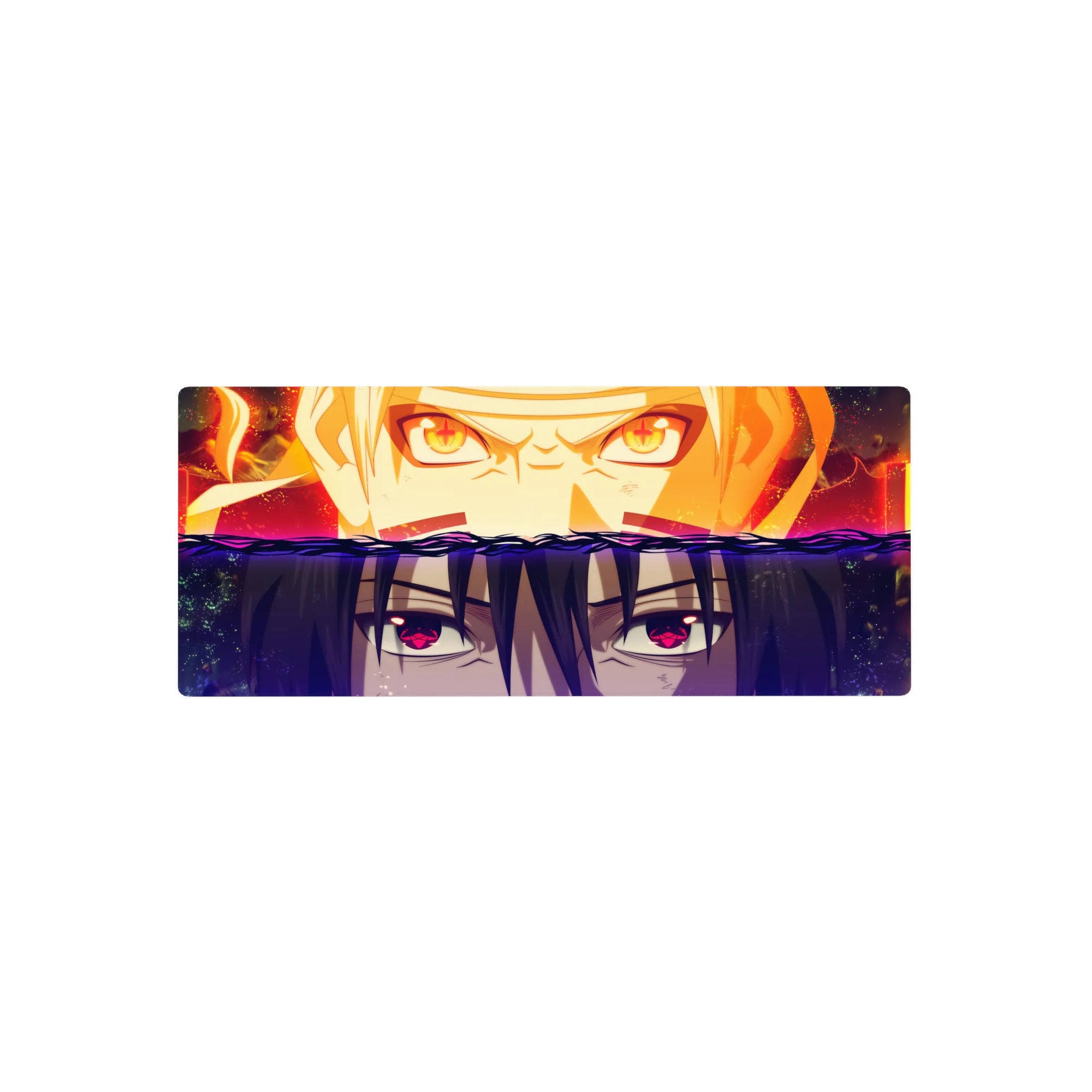 28x12 inches anime mouse pad with Naruto vs Sasuke split-wave stare-down, crisp chakra and Sharingan eyes.