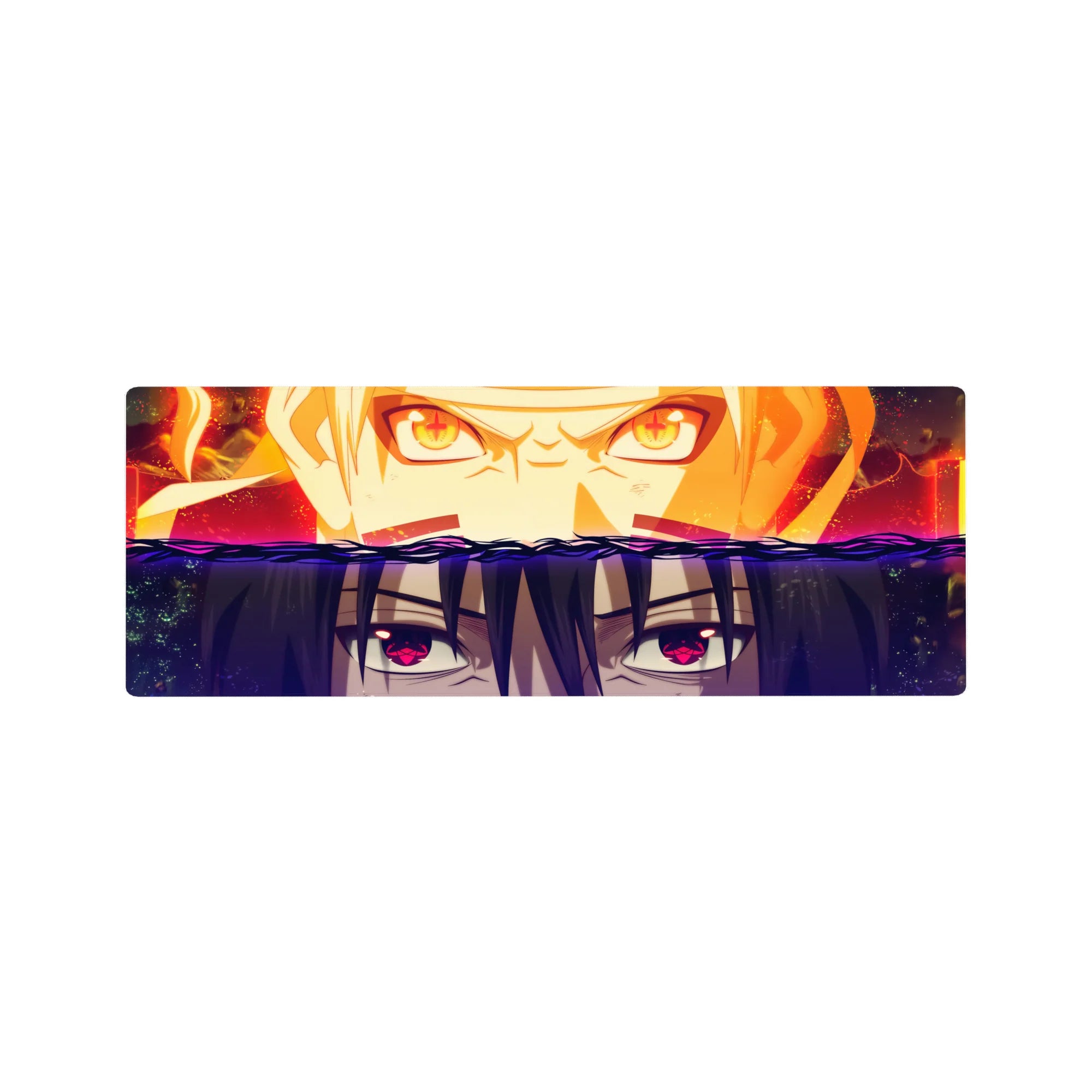 32x12 inches anime mouse pad with Naruto vs Sasuke split-wave design, sharp chakra and Sharingan eyes.