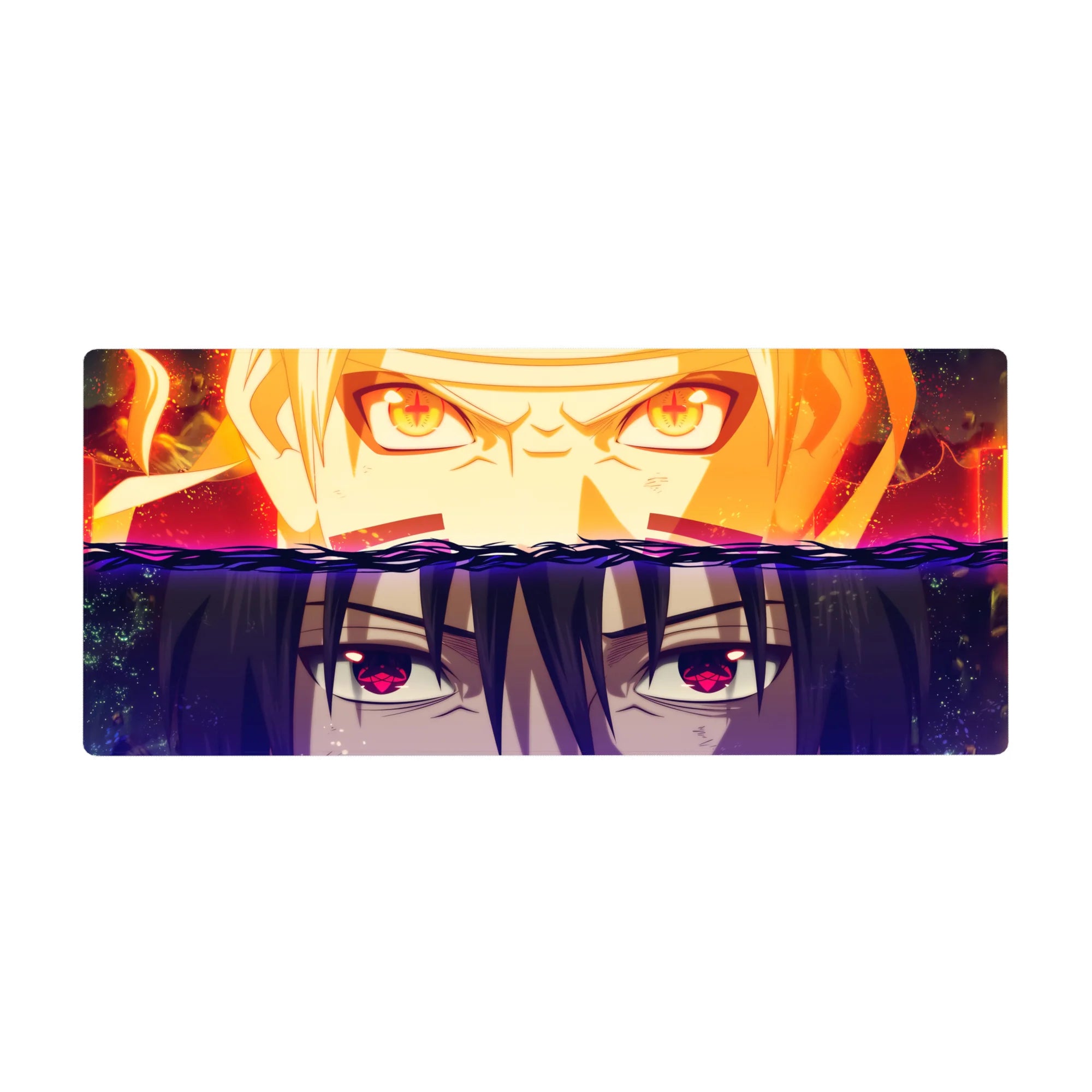 36x16 inches anime desk pad with split wave design, Naruto vs Sasuke stare-down, crisp eye details.
