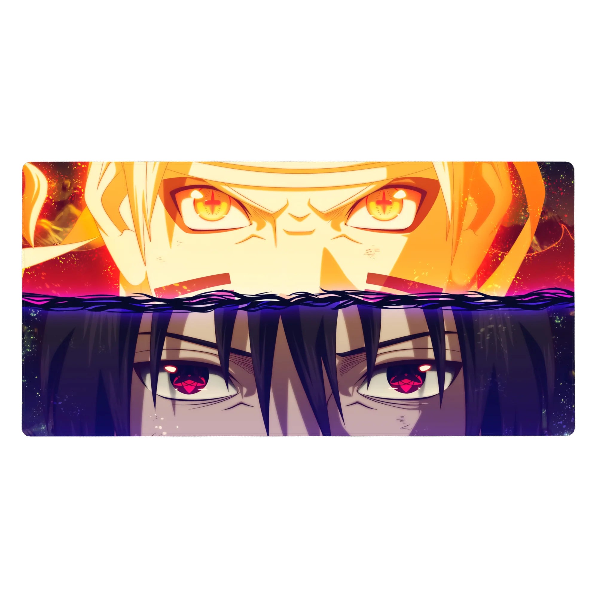 40x20 inches anime desk pad with split wave design, bold top and dark bottom, clean detailed eyes.