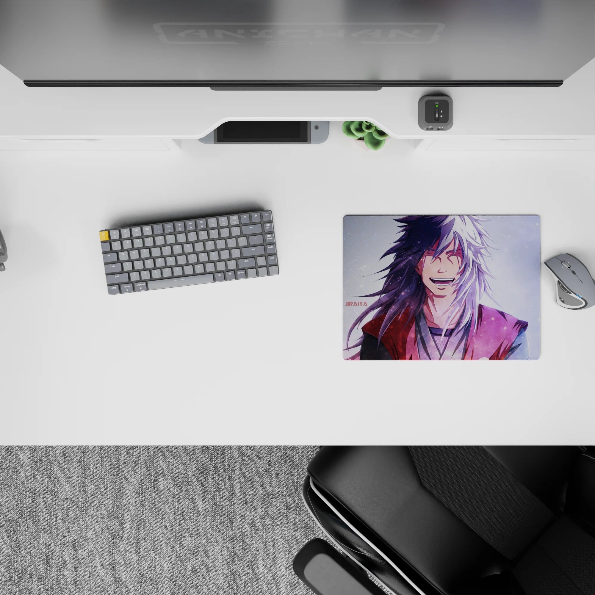 14x10 inches anime mouse pad in lavender haze with inky blacks, bright white hair, and snowy grain sparkle.