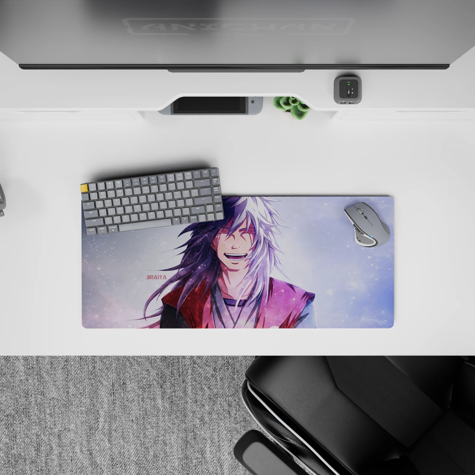 Wintery lavender-and-ink mouse pad 28x12 inches with bright white hair highlights and soft grainy sparkle.