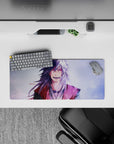 Wintery lavender-and-ink mouse pad 28x12 inches with bright white hair highlights and soft grainy sparkle.