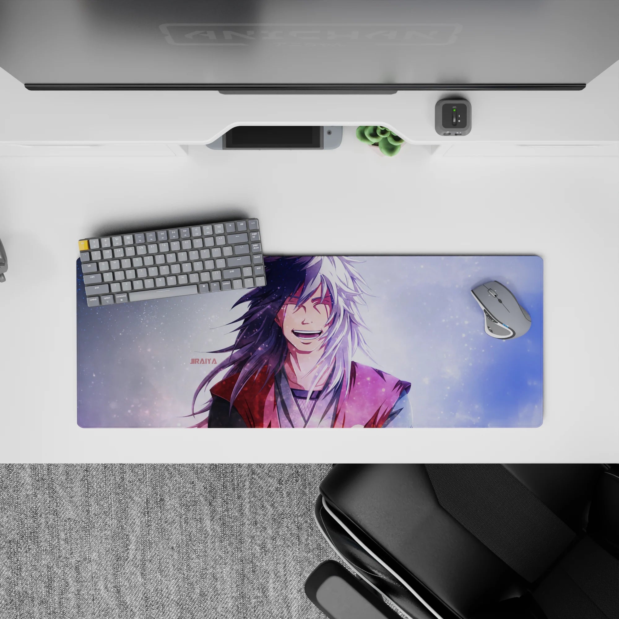 32x12 inches extended mouse pad in lavender haze, inky black tones, white hair glow and red haori.