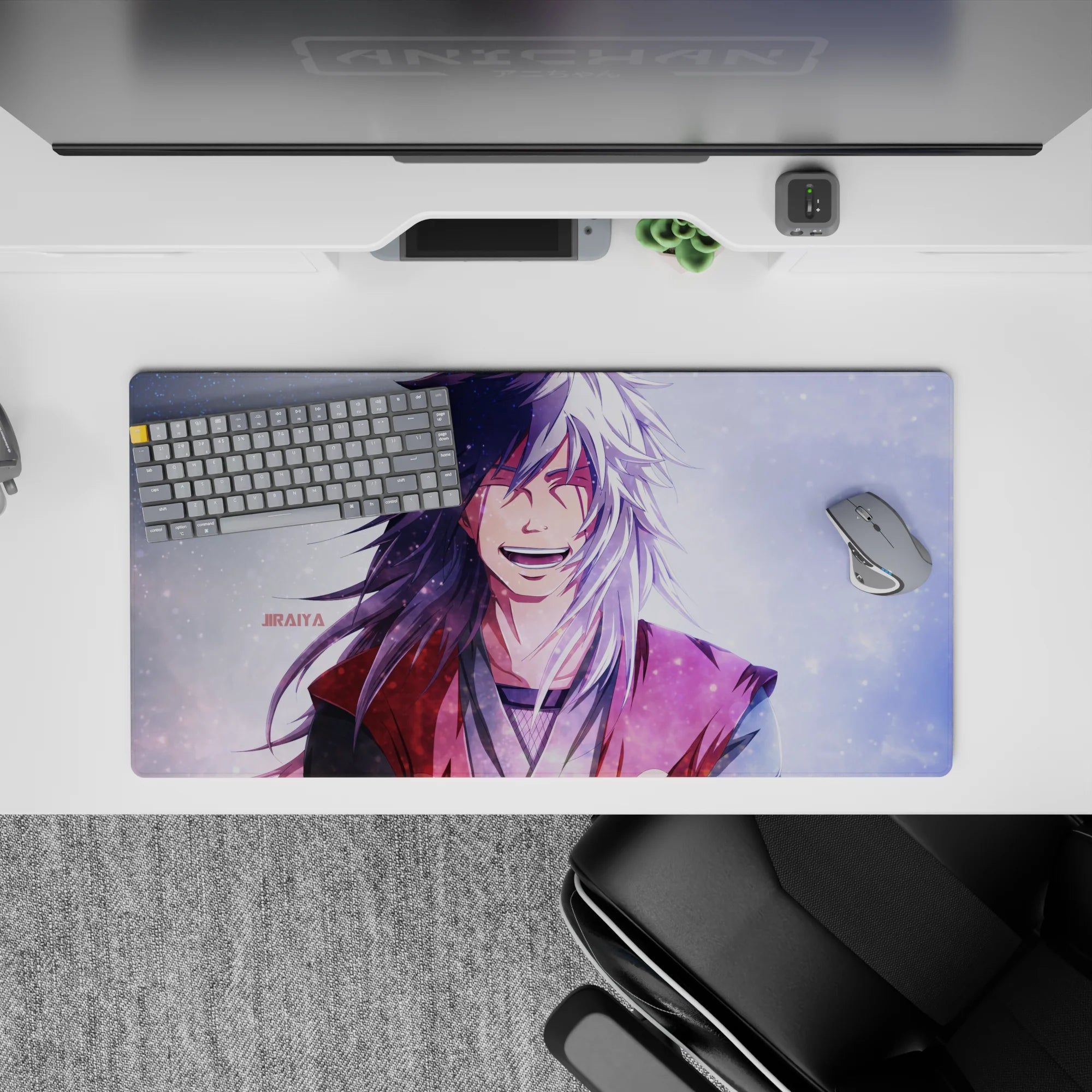 32x16 inches anime mouse pad in lavender haze, inky black tones, and snowy grain sparkle winter mood.