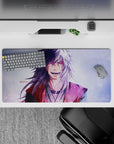 32x16 inches anime mouse pad in lavender haze, inky black tones, and snowy grain sparkle winter mood.