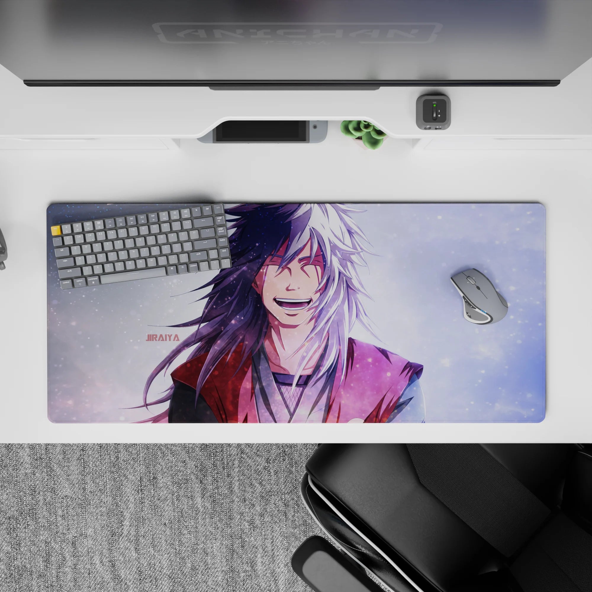 36x16 inches anime mouse pad in lavender haze, inky black and bright white hair, cozy red accents.