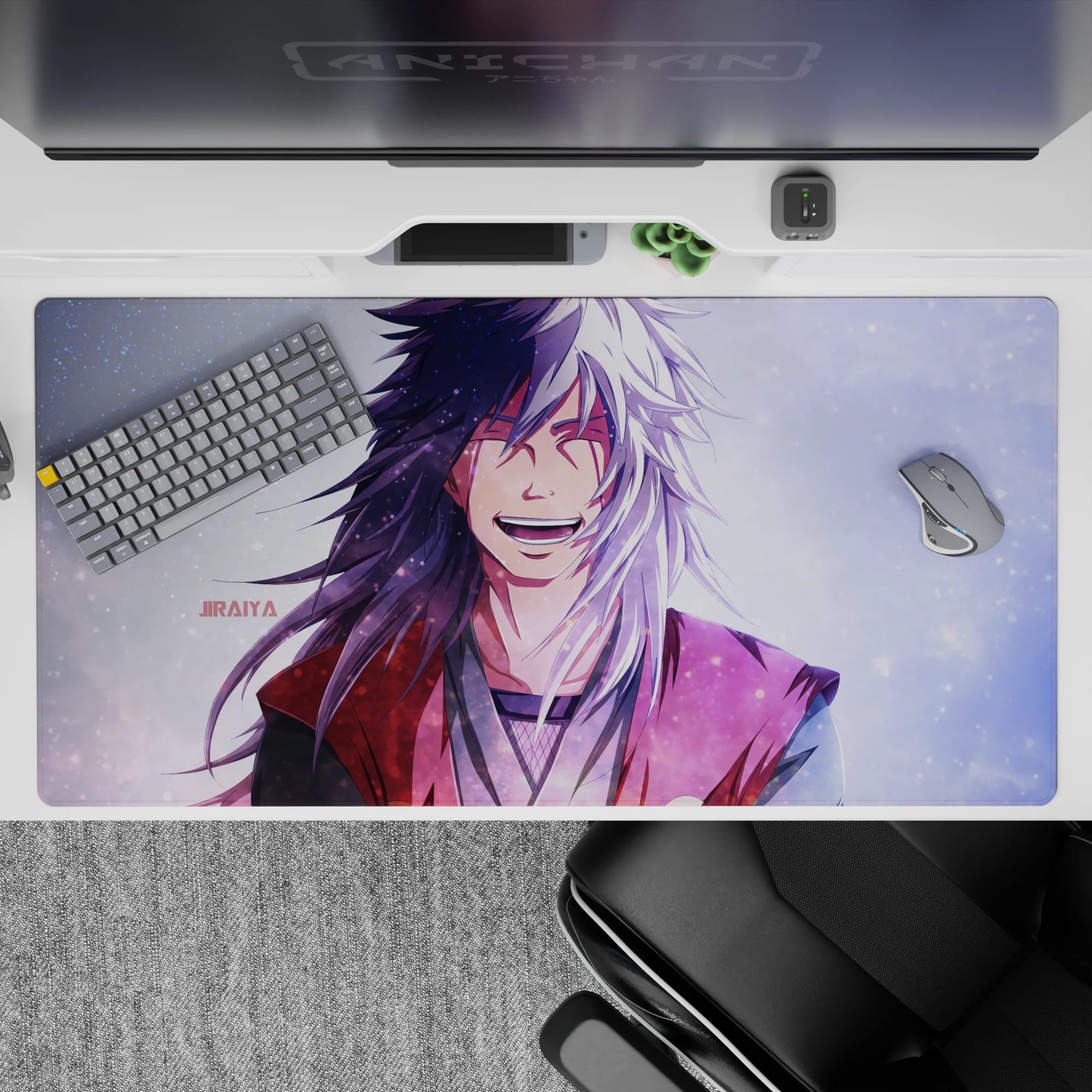 40x20 inches anime desk pad in lavender haze, inky blacks, bright white hair, with grainy snow sparkle.