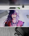 40x20 inches anime desk pad in lavender haze, inky blacks, bright white hair, with grainy snow sparkle.