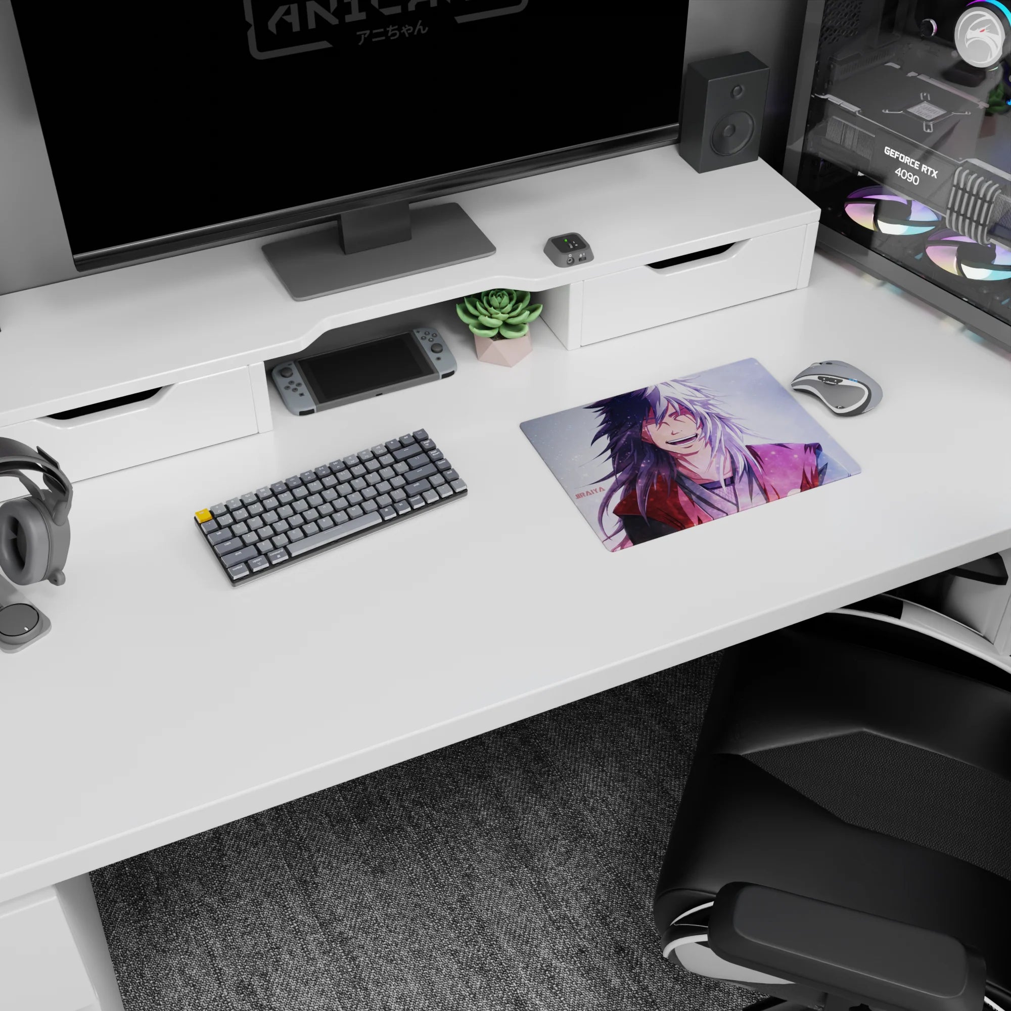 Naruto Jiraiya laughing in red haori on a 14x10 inches classic anime mouse pad, cozy winter desk vibe.