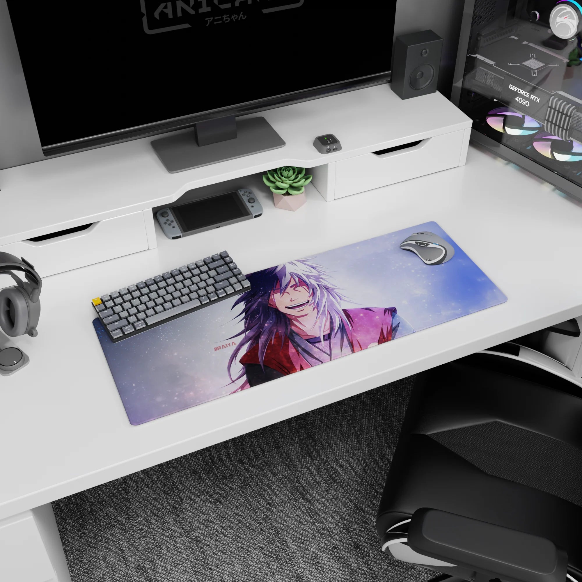 32x12 inches Naruto mouse pad featuring Jiraiya laughing in snowy sparkle, cozy mentor vibe desk mat.