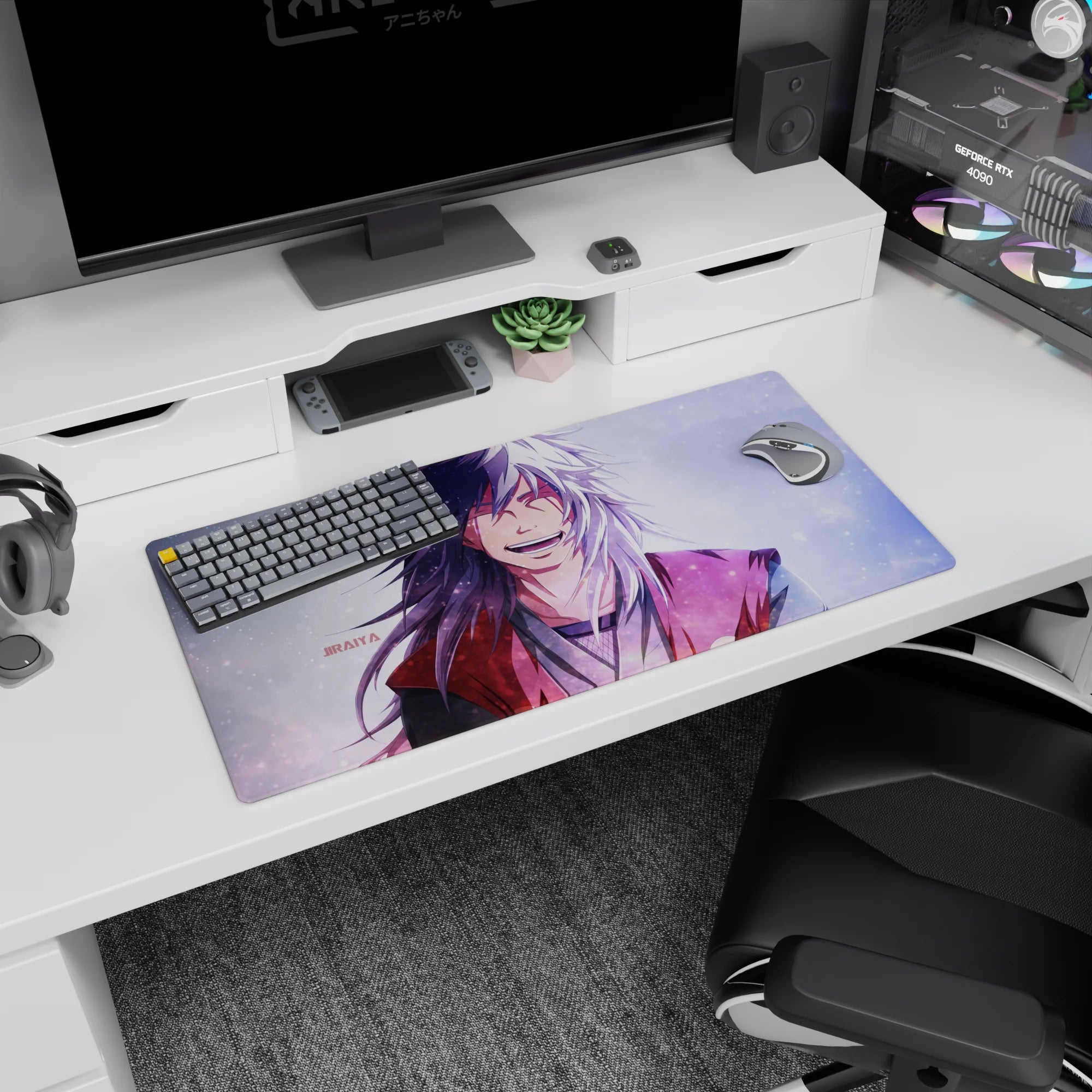 32x16 inches Naruto mouse pad with Jiraiya laughing, bright white hair, and cozy red haori on desk.